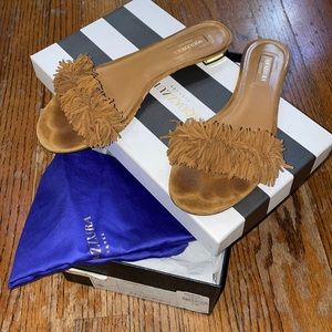 Aquazzura size 37, suede cognac “wild thing slide flat” sandals